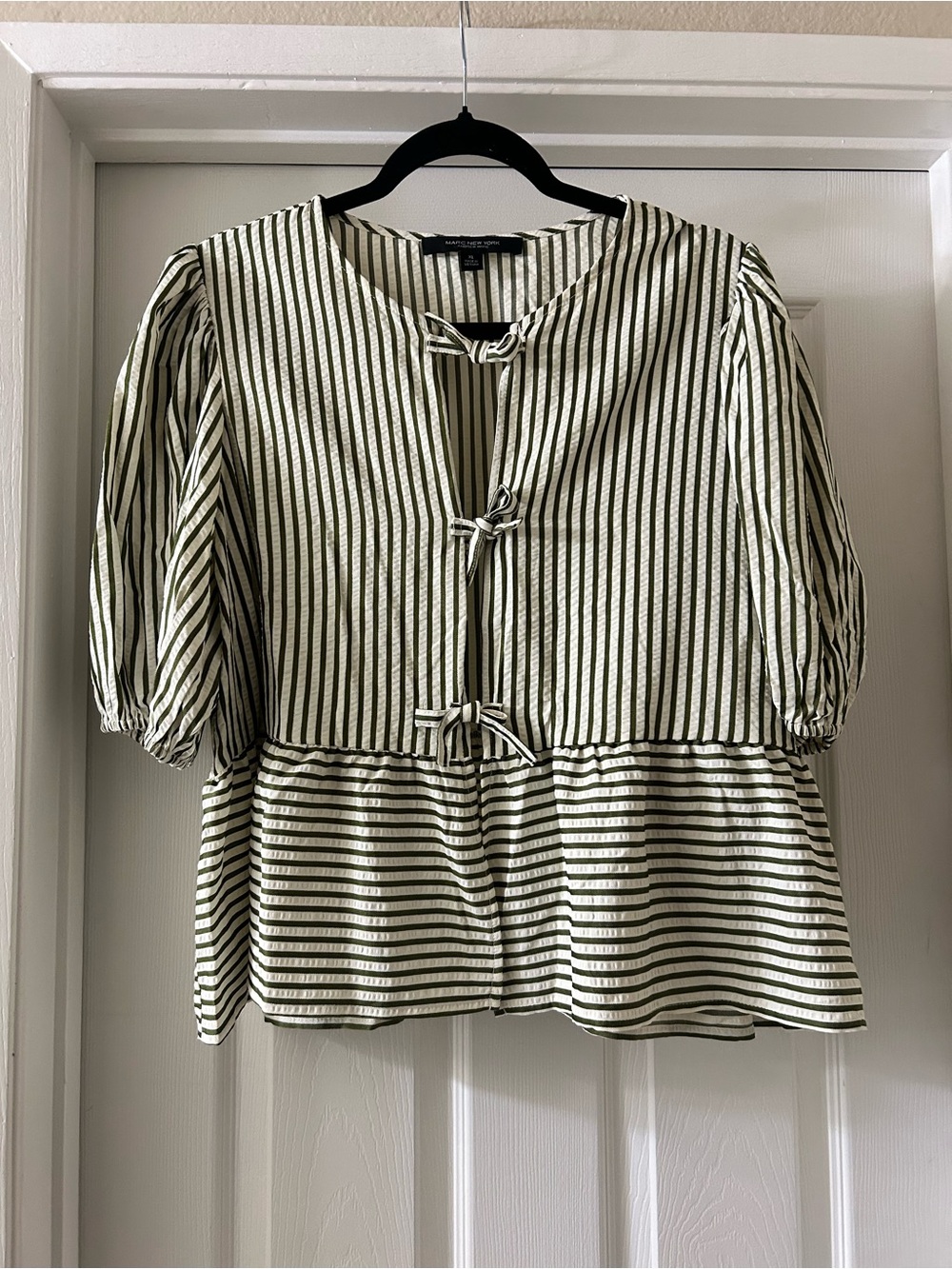 Marc New York Olive and Black Striped Puff-Sleeve Tie-Front Top